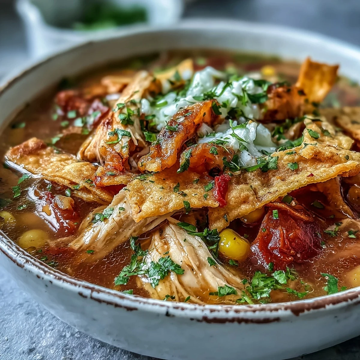A ladle pours Best Chicken Tortilla Soup, revealing tender chicken, sweet corn, and zesty lime.