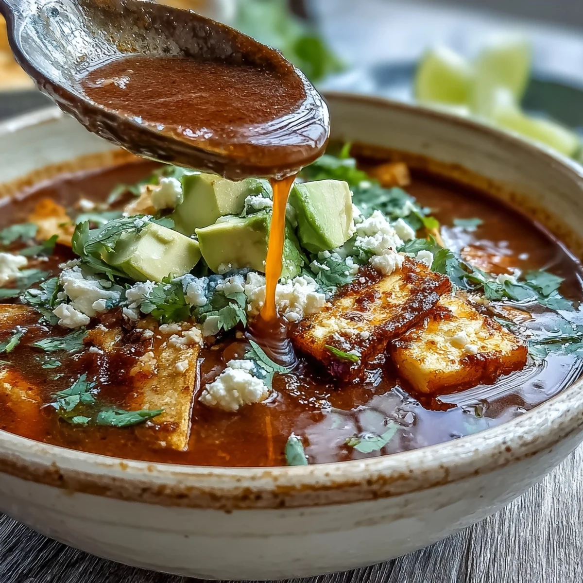 Steaming bowl of Sopa Azteca filled with crispy tortilla strips, panela cheese, avocado, and cilantro. 