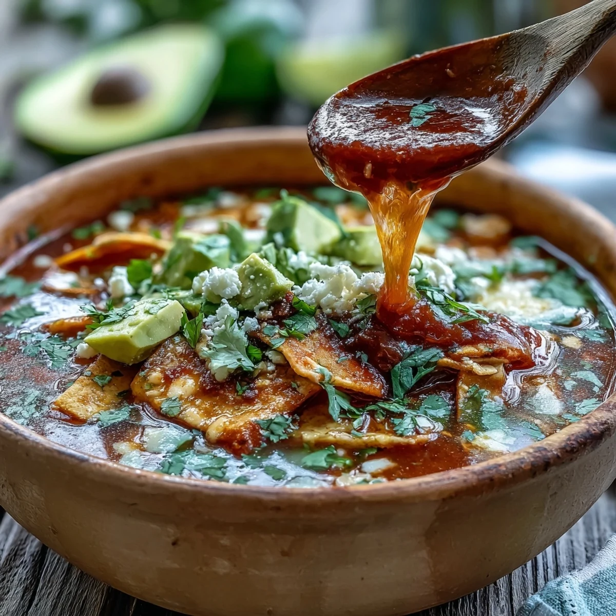 A close look at Sopa Azteca garnished with panela cheese, diced avocado, and cilantro beside lime wedges.