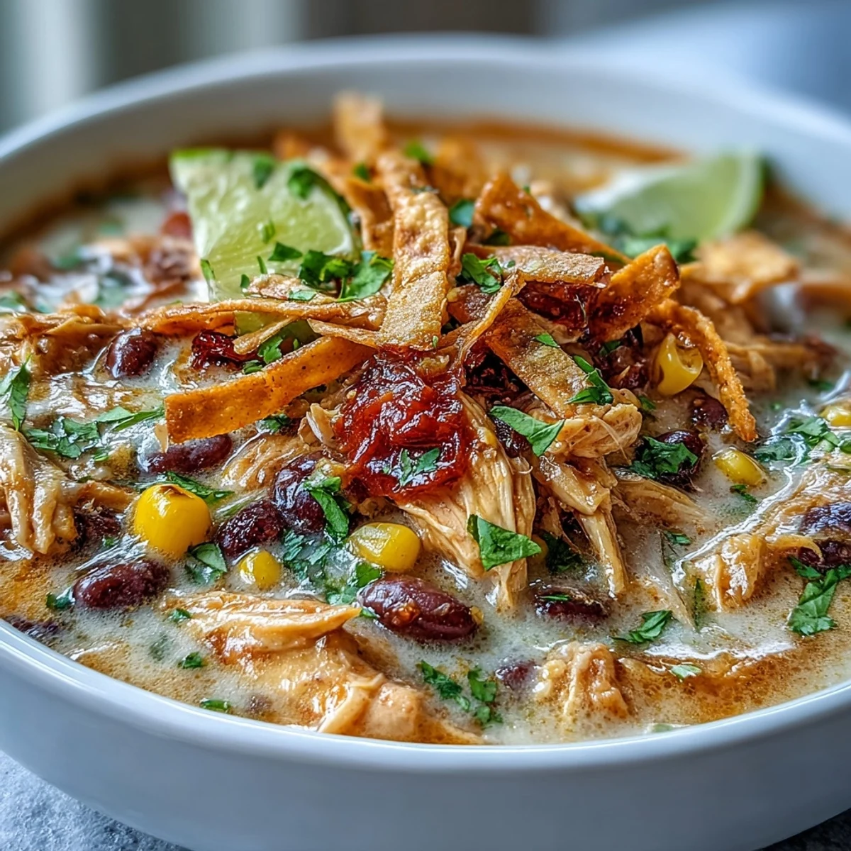 Close-up of Easy Chicken Tortilla Soup topped with tortilla strips, jalapeños, and lime wedges, revealing creamy texture.