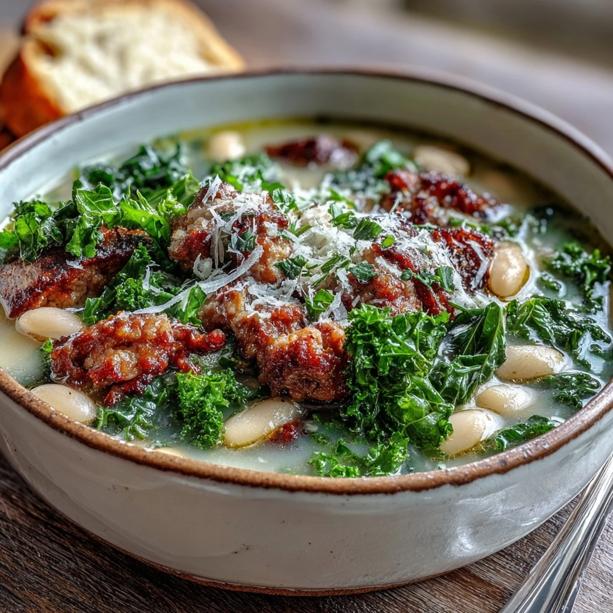A warm bowl of Italian White Bean Soup with Kale and Sausage, featuring tender kale leaves and savory crumbles in a rich broth.