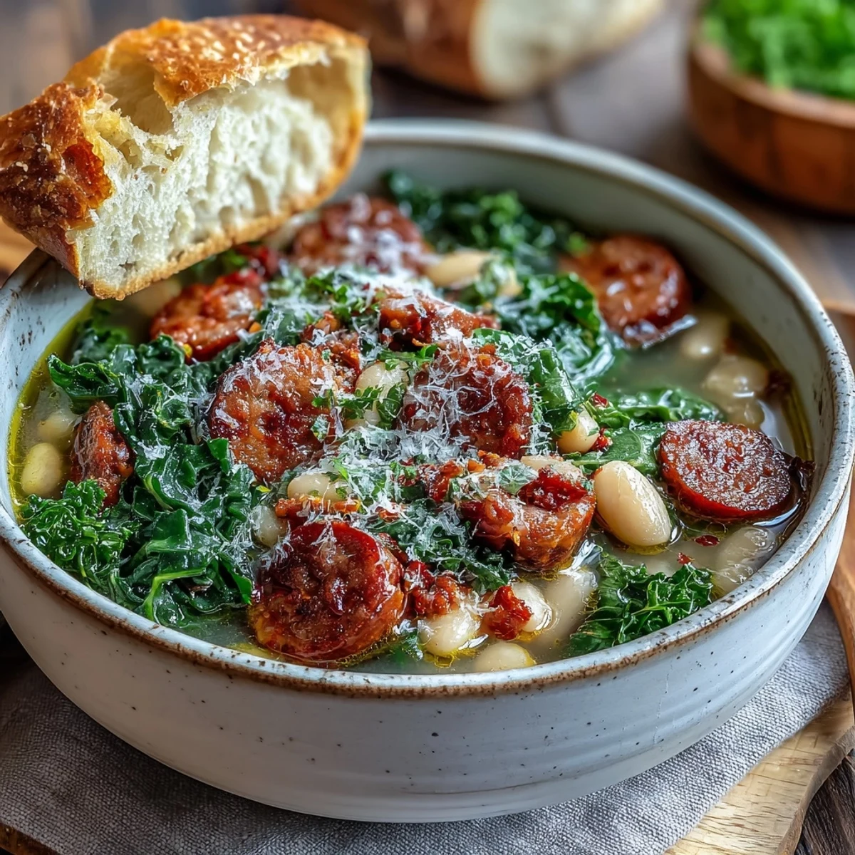 Creamy white beans and spicy Italian sausage create a hearty Italian White Bean Soup with Kale and Sausage, perfect for a cozy dinner.