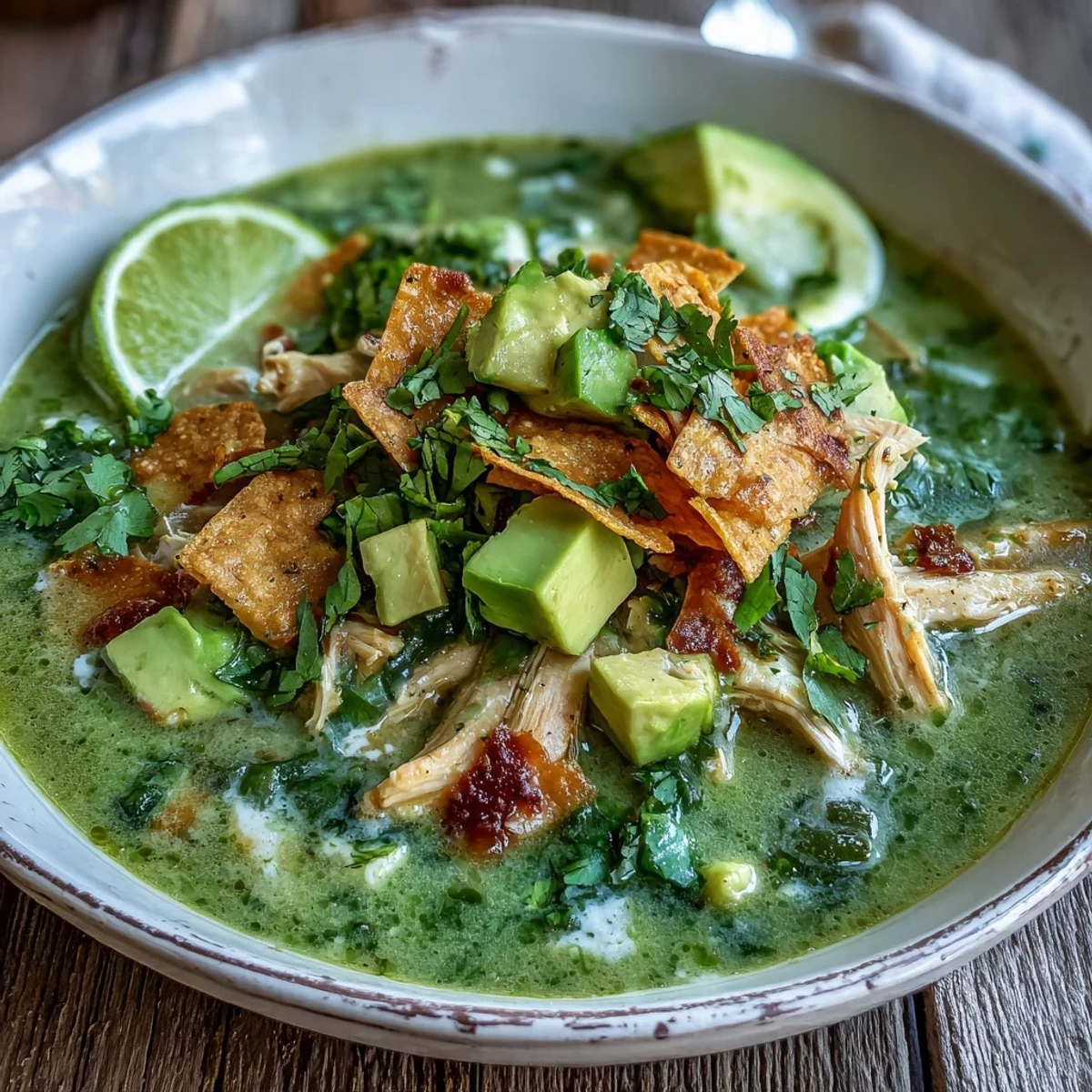 Spoon dipping into rich Creamy Chicken Tortilla Soup with shredded chicken and creamy cheese swirl, served in a cozy kitchen.