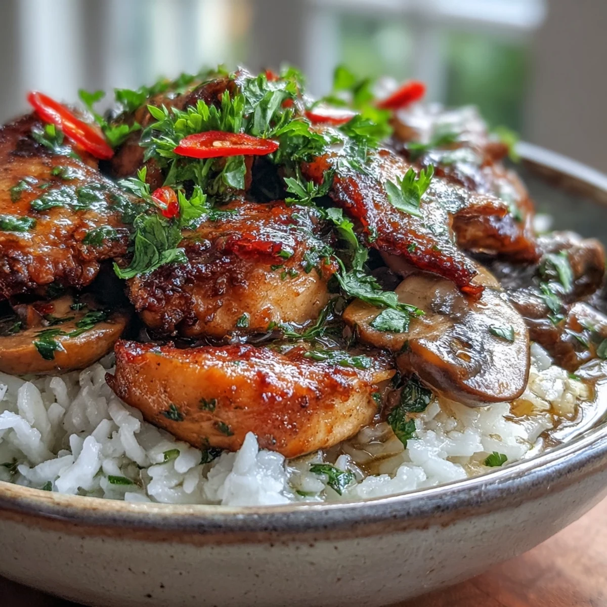 Thai Coconut Curry Soup steaming in a bowl with tender chicken, mushrooms, and jasmine rice in creamy coconut broth garnished with cilantro.