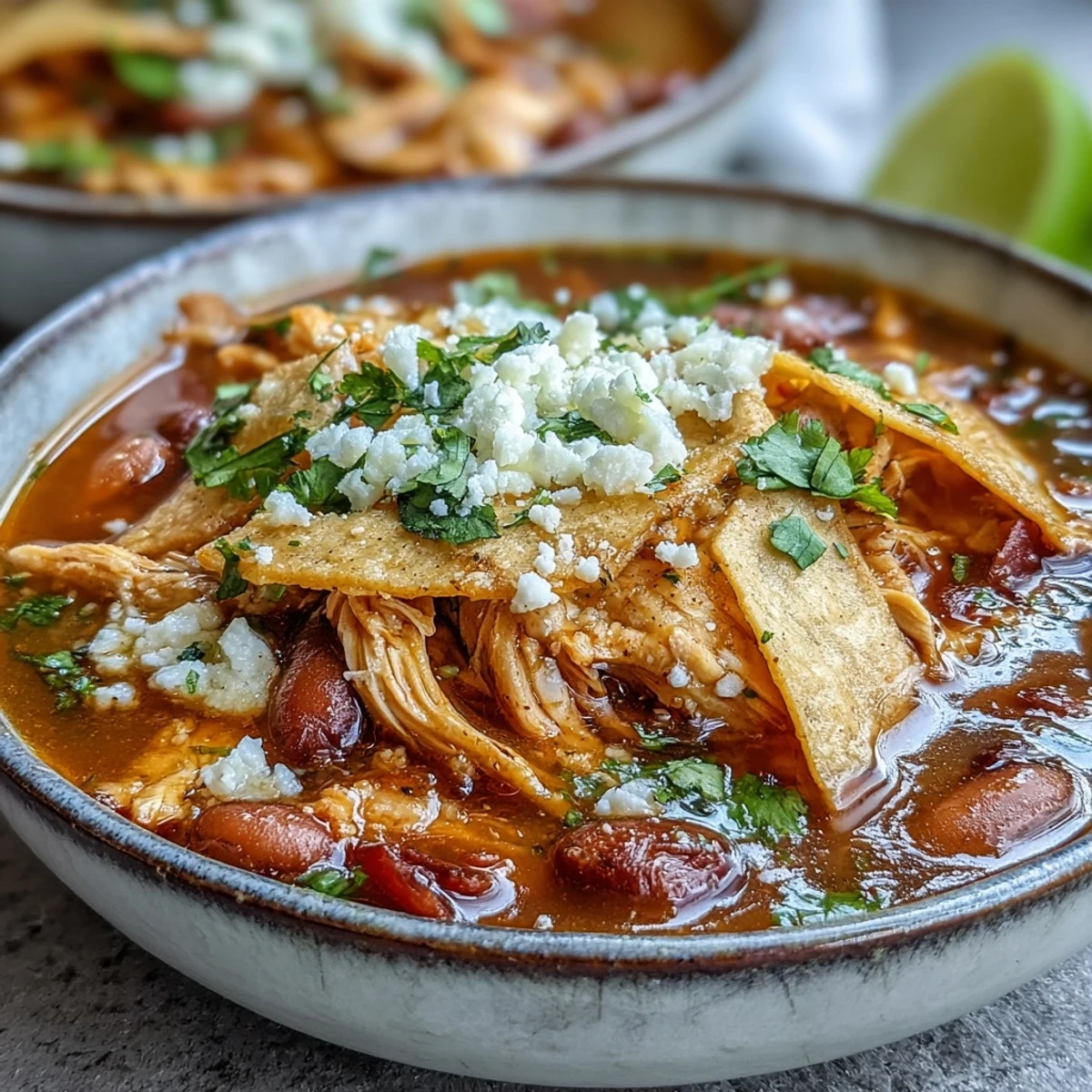 Hearty Chicken Tortilla Soup served in a rustic bowl, topped with crispy corn tortilla strips, crumbled cotija cheese, and fresh cilantro.