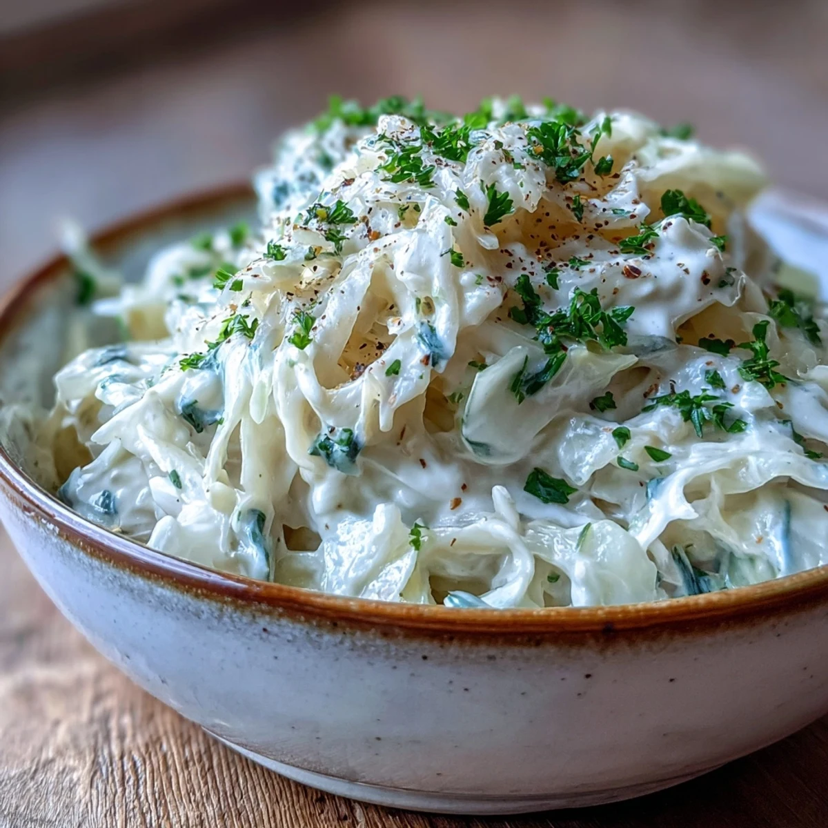 Creamy, tender Creamed Cabbage with a silky white sauce, parsley garnish, served warm as a comforting vegetarian side.