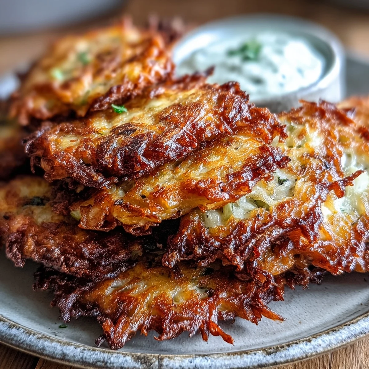 Golden-brown Cabbage Fritters With Dipping Sauce stacked on a white plate, steaming and crispy.