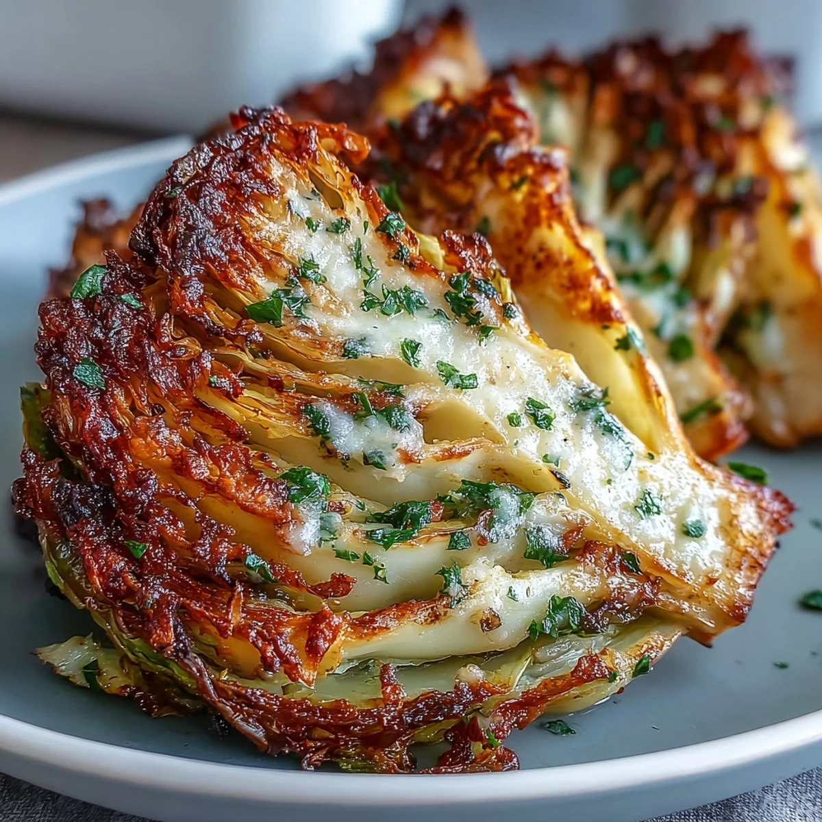Tender Roasted Garlic Parmesan Cabbage Wedges topped with fresh herbs, served alongside grilled chicken for dinner.