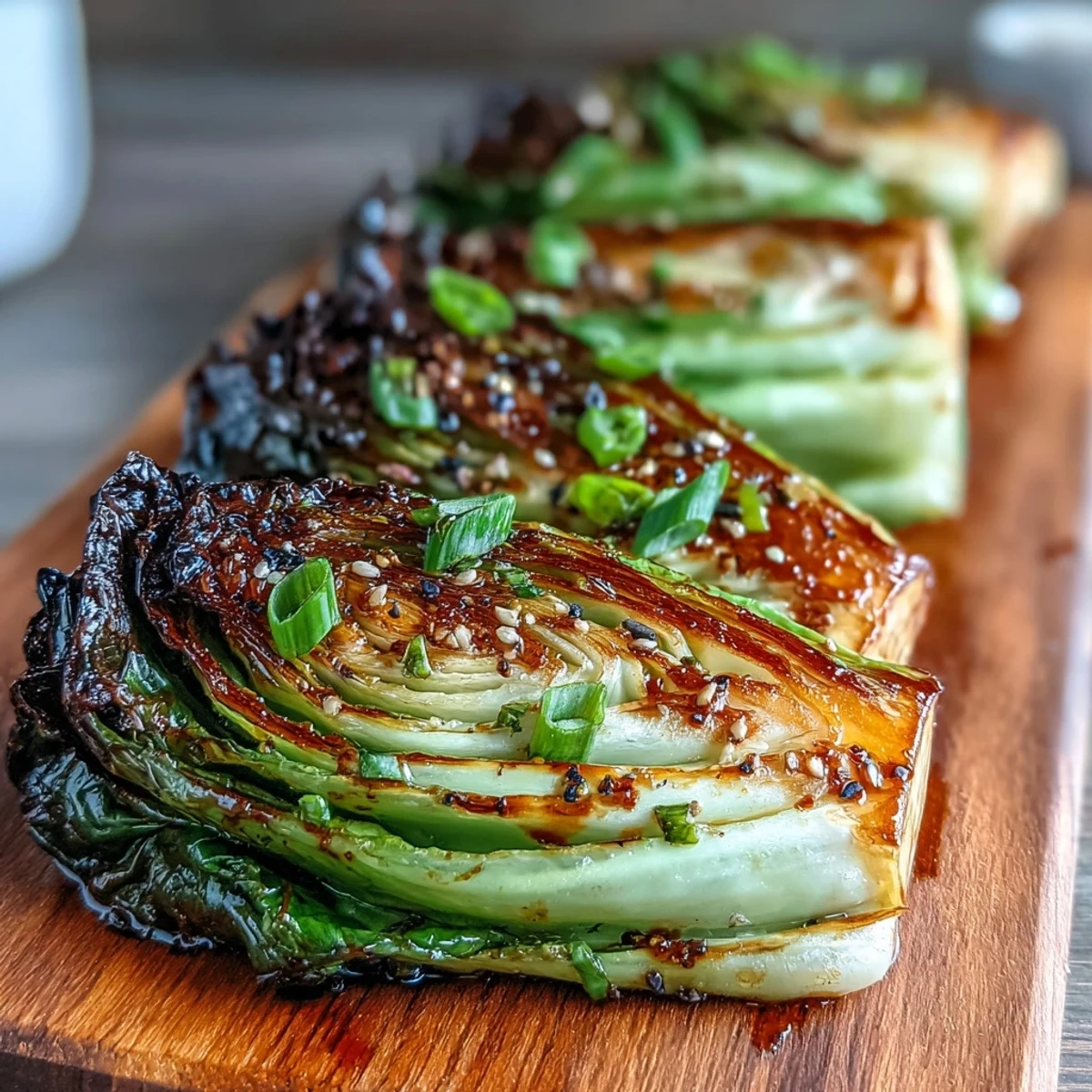 Caramelized Miso Butter Roasted Cabbage Wedges topped with toasted sesame seeds and scallions on a platter.