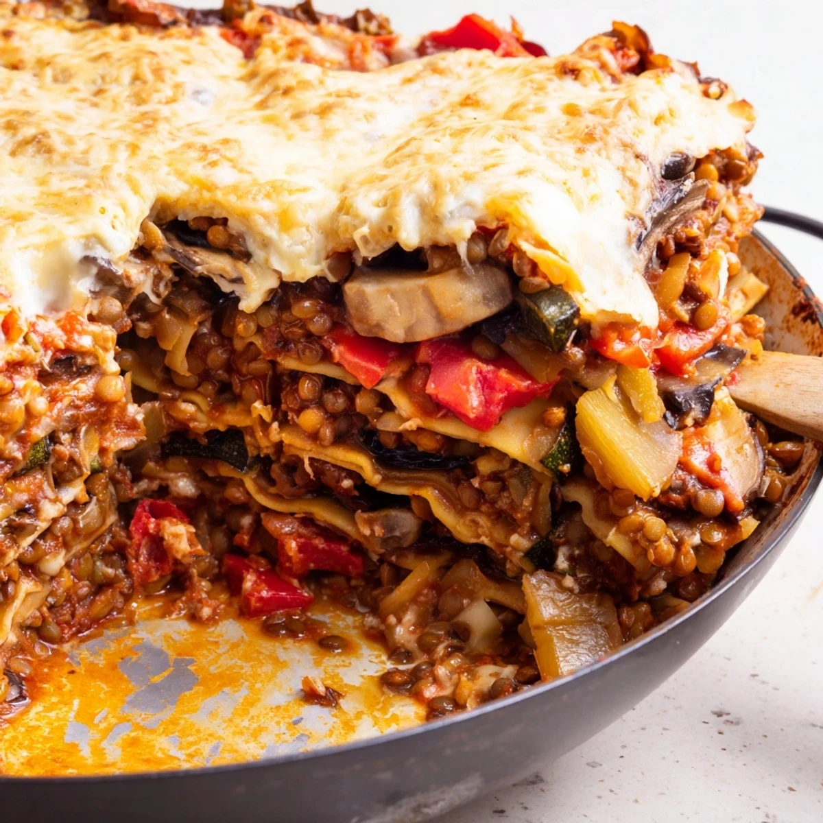 Golden-brown One-Pan Smoky Veggie Lentil Lasagne bubbling with melted mozzarella and fresh basil garnish.
