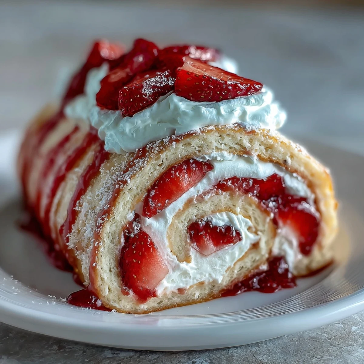 Thin golden crepes wrap airy sponge cake, whipped cream, and juicy strawberries in a Strawberry Shortcake Sushi Roll.