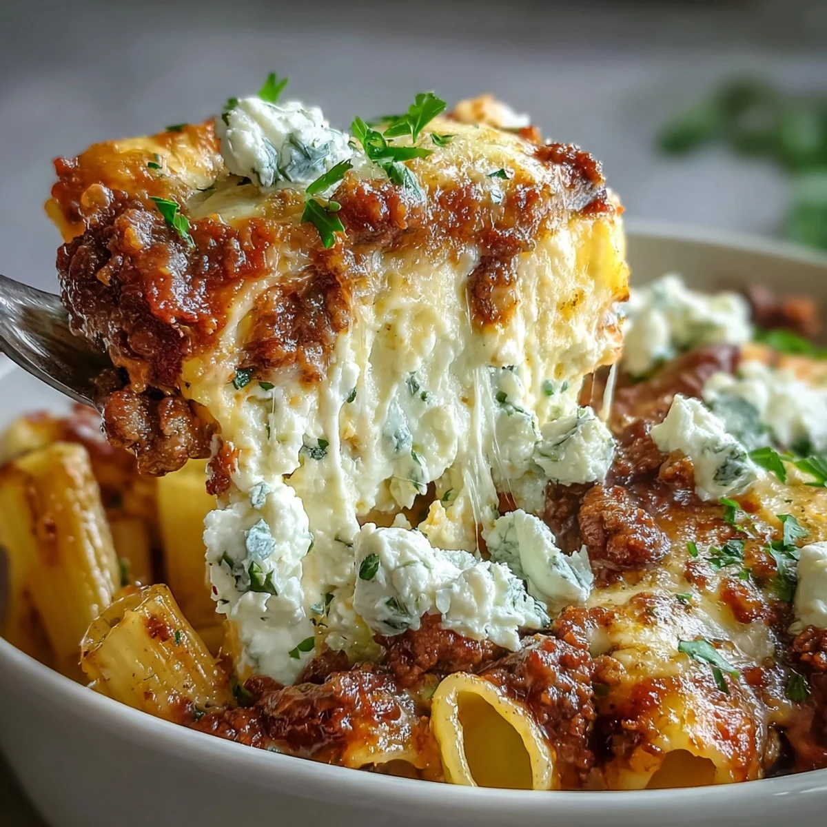 Golden, bubbling mozzarella tops a hearty Cottage Cheese Protein Pasta Bake with Ground Beef, served in a white dish.