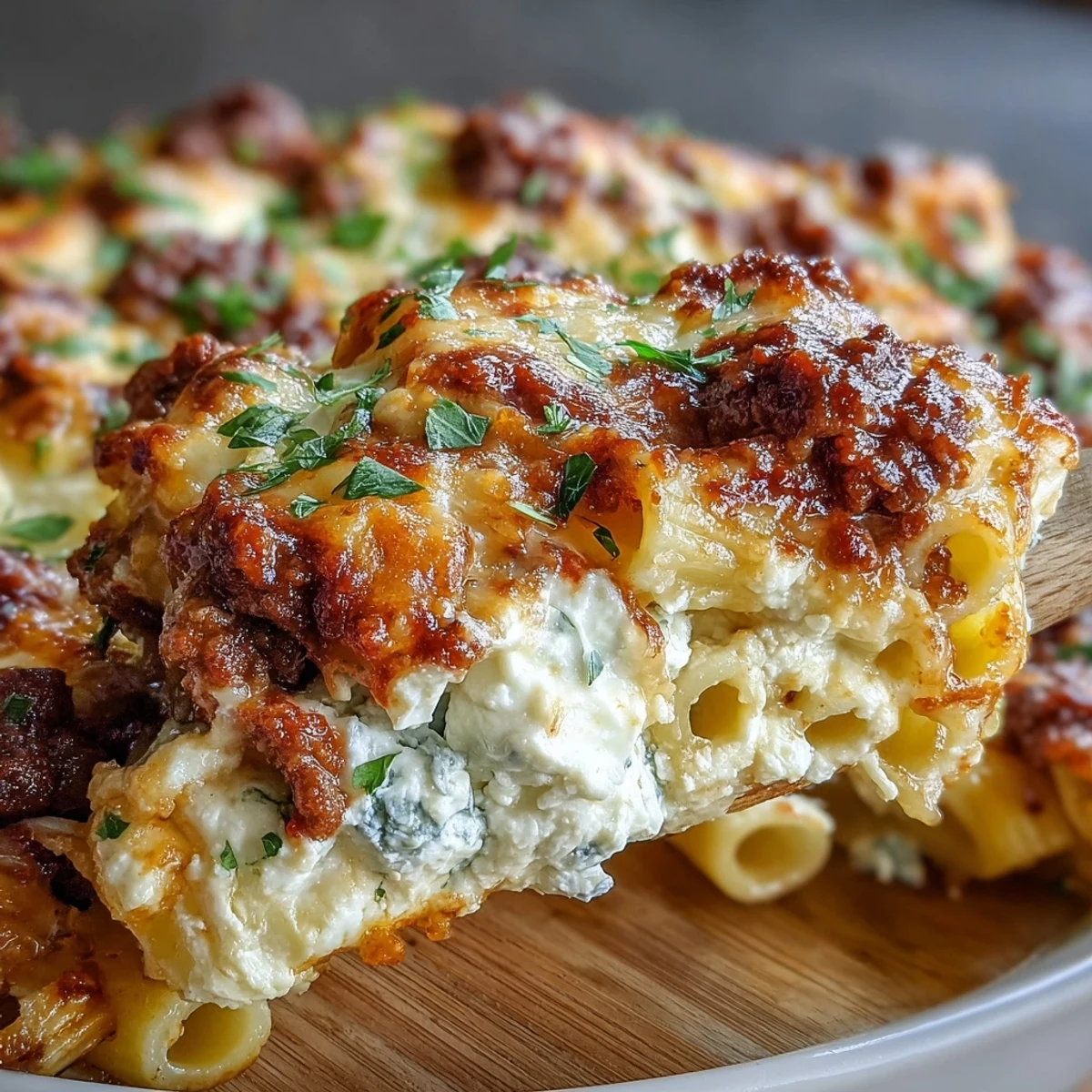 This high-protein pasta bake features penne with rich tomato sauce, lean beef, and creamy cottage cheese.