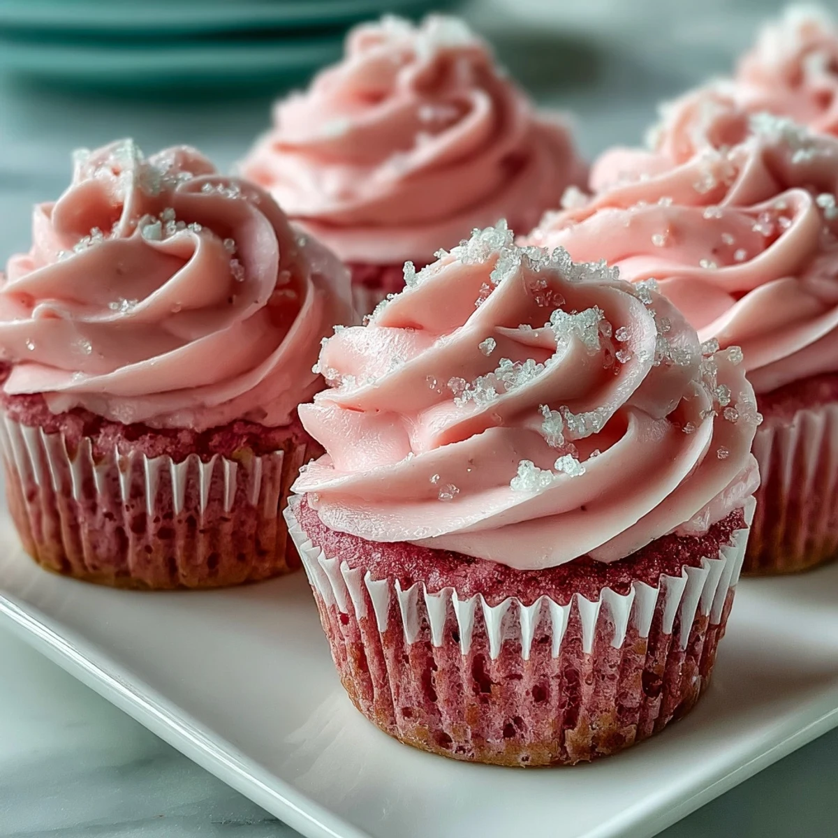 A close-up of Pink Velvet Cupcakes, topped with fluffy vanilla buttercream and a light dusting of pink sugar.