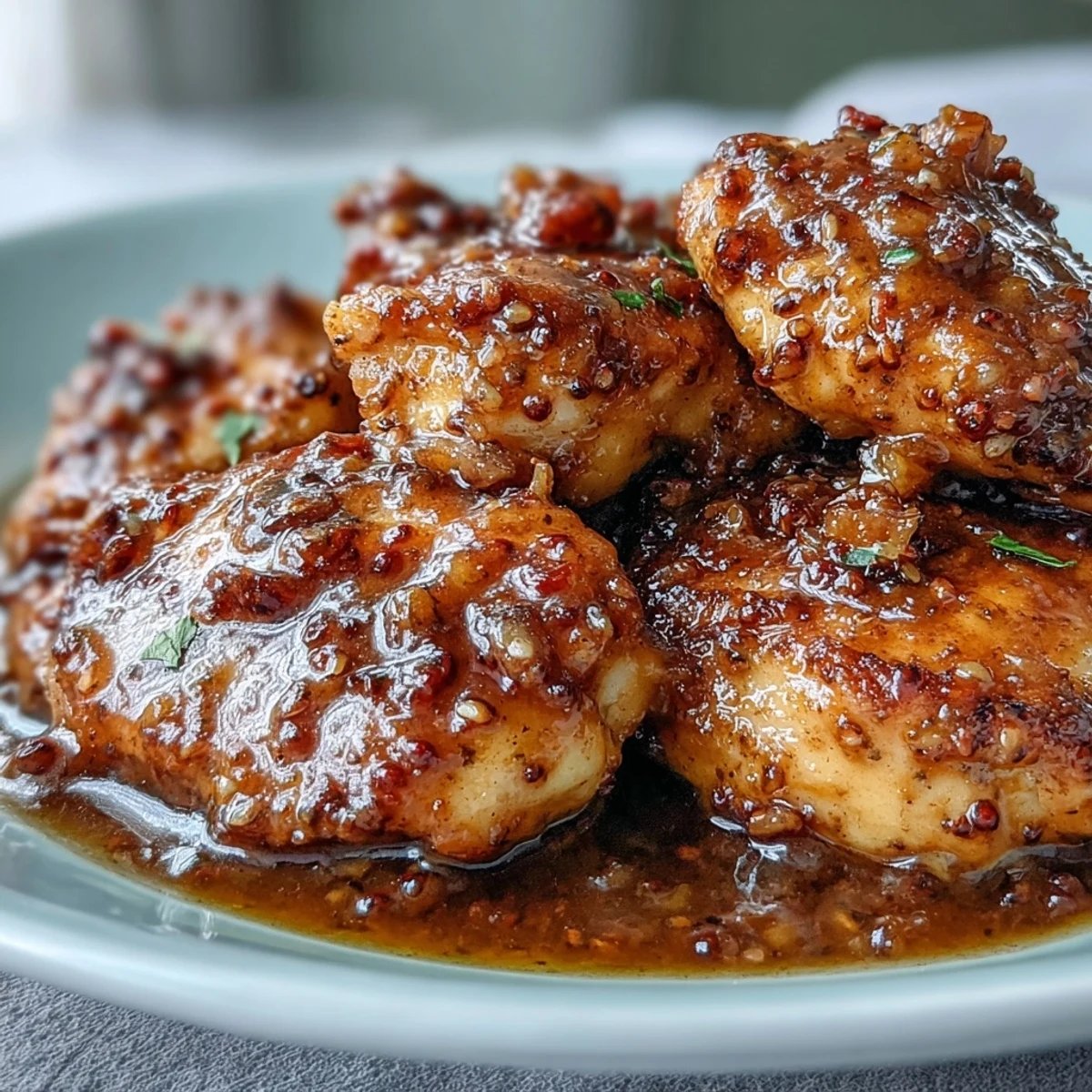 Juicy Slow Cooker Honey Mustard Chicken plated with mashed potatoes and a drizzle of extra sauce, garnished with herbs.