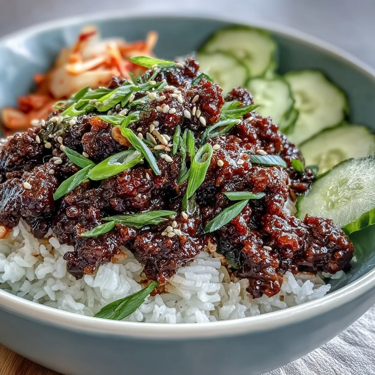 A close-up of an easy Korean Beef Bowl with steamed rice, kimchi, and colorful vegetables for a vibrant weeknight dinner.