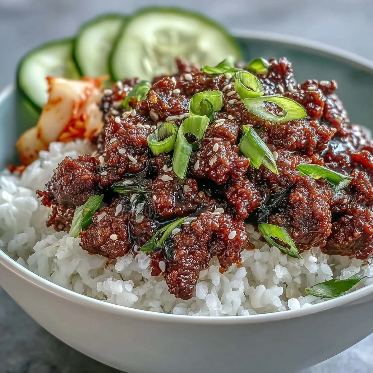 Juicy gochujang-seasoned ground beef fills a Korean Beef Bowl, garnished with green onions and sesame seeds over fluffy rice.