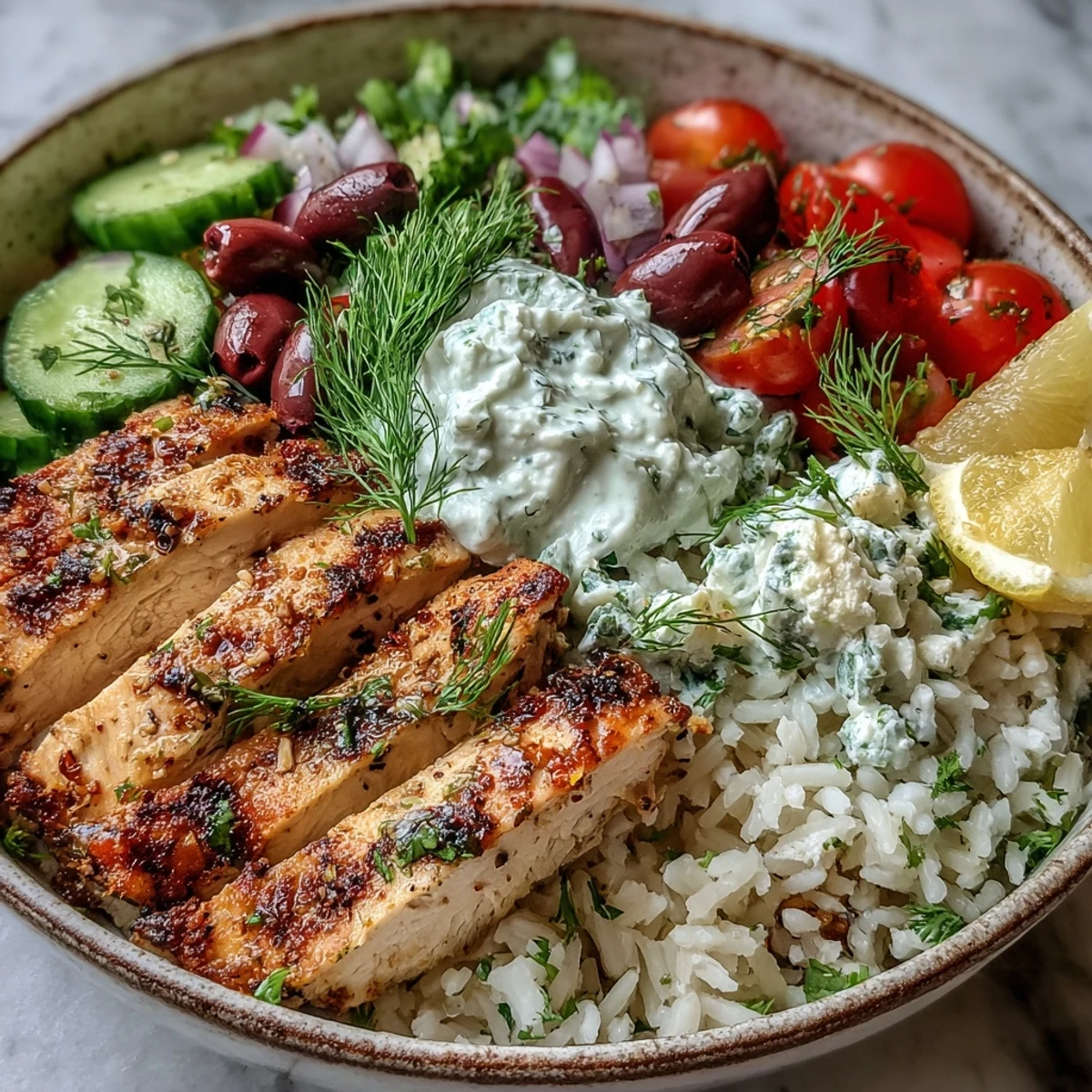 Freshly grilled Greek Chicken Bowl with tender slices over herbed rice, colorful tomato-cucumber salad, Kalamata olives, and a dollop of creamy tzatziki.