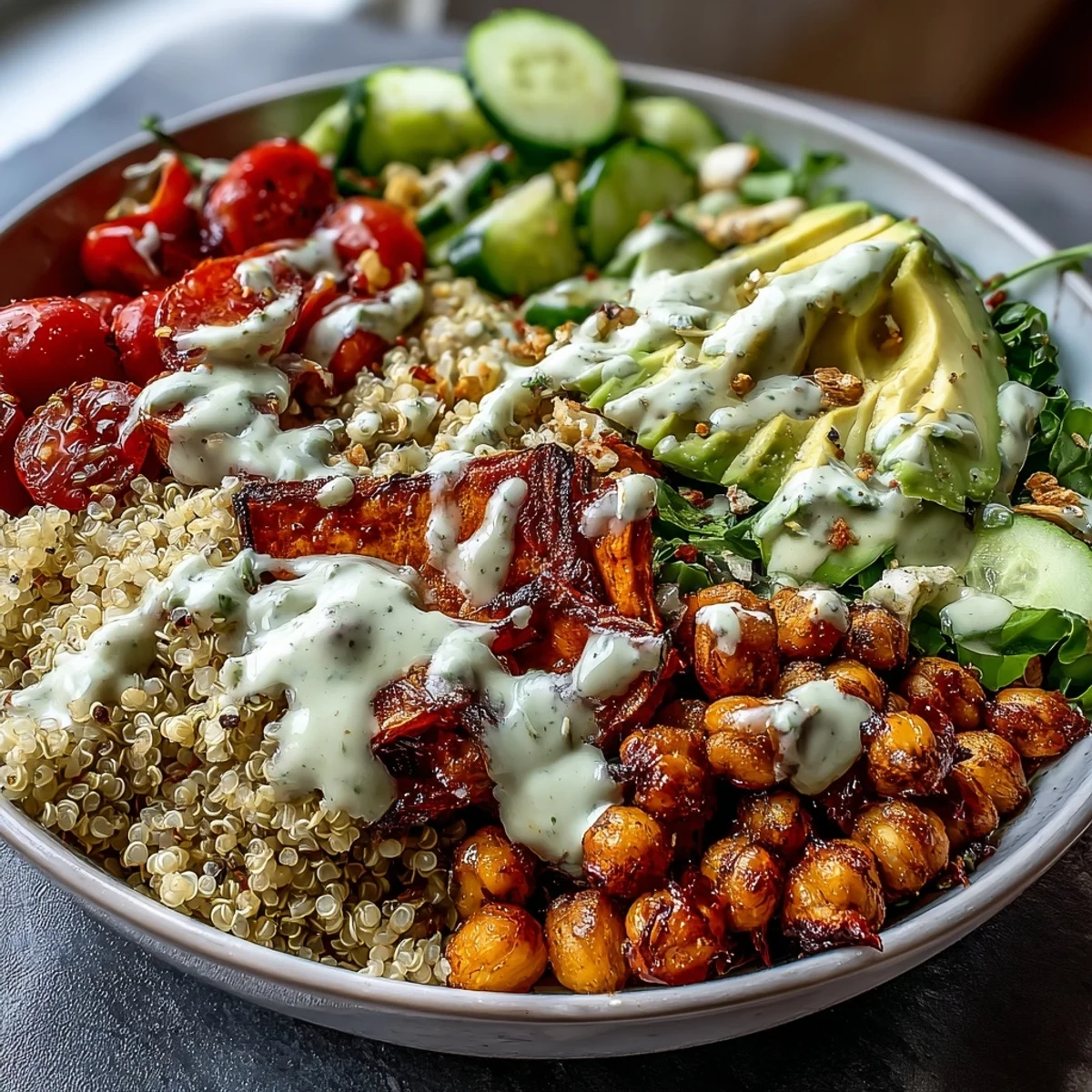 Gluten-free Buddha Bowl showcases golden roasted sweet potatoes and crunchy chickpeas over quinoa with fresh veggies and creamy garlic tahini.