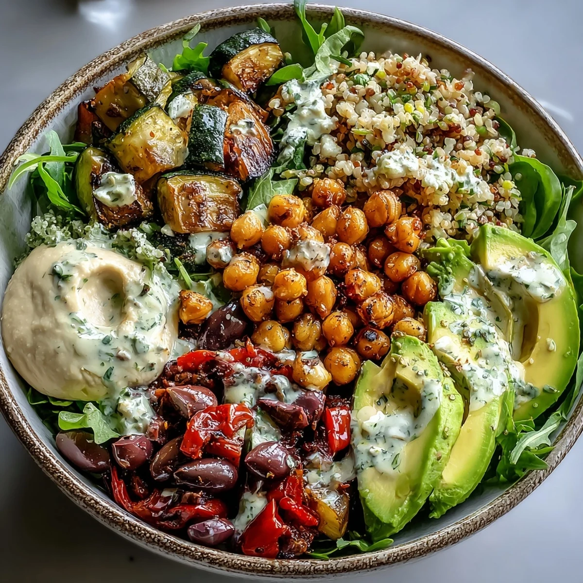 An overhead shot of a wholesome Vegan Mediterranean Buddha Bowl served in a rustic bowl, ready to be enjoyed.