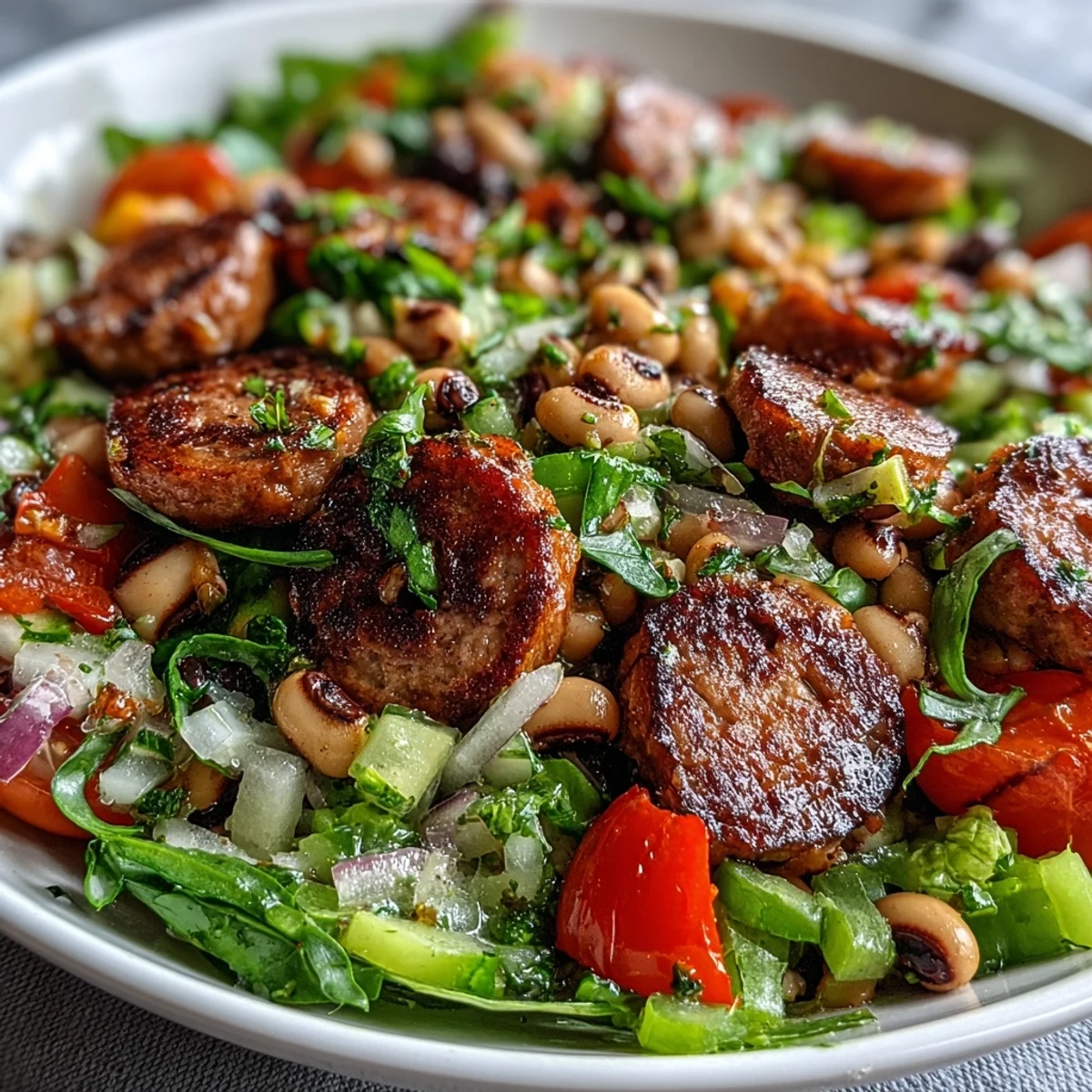 Creamy mustard tarragon dressing coats Hoppin John Style Black-Eyed Pea Salad with turkey sausage and crunchy red bell pepper.