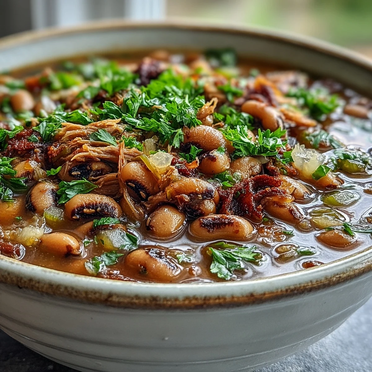 A steaming bowl of Classic New Years Black-Eyed Peas served over fluffy white rice, garnished with fresh parsley and a side of cornbread.