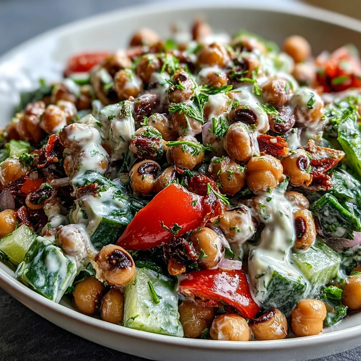A serving bowl of the New Years Hoppin John Salad with black-eyed peas, chickpeas, and rice, garnished with parsley and red onion.