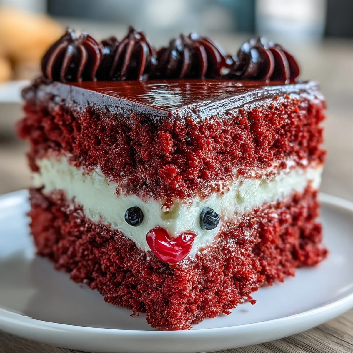 Slice of Betty Boop Cake on a white plate, revealing velvety red layers and rich cream cheese buttercream, ready to serve at a birthday party.