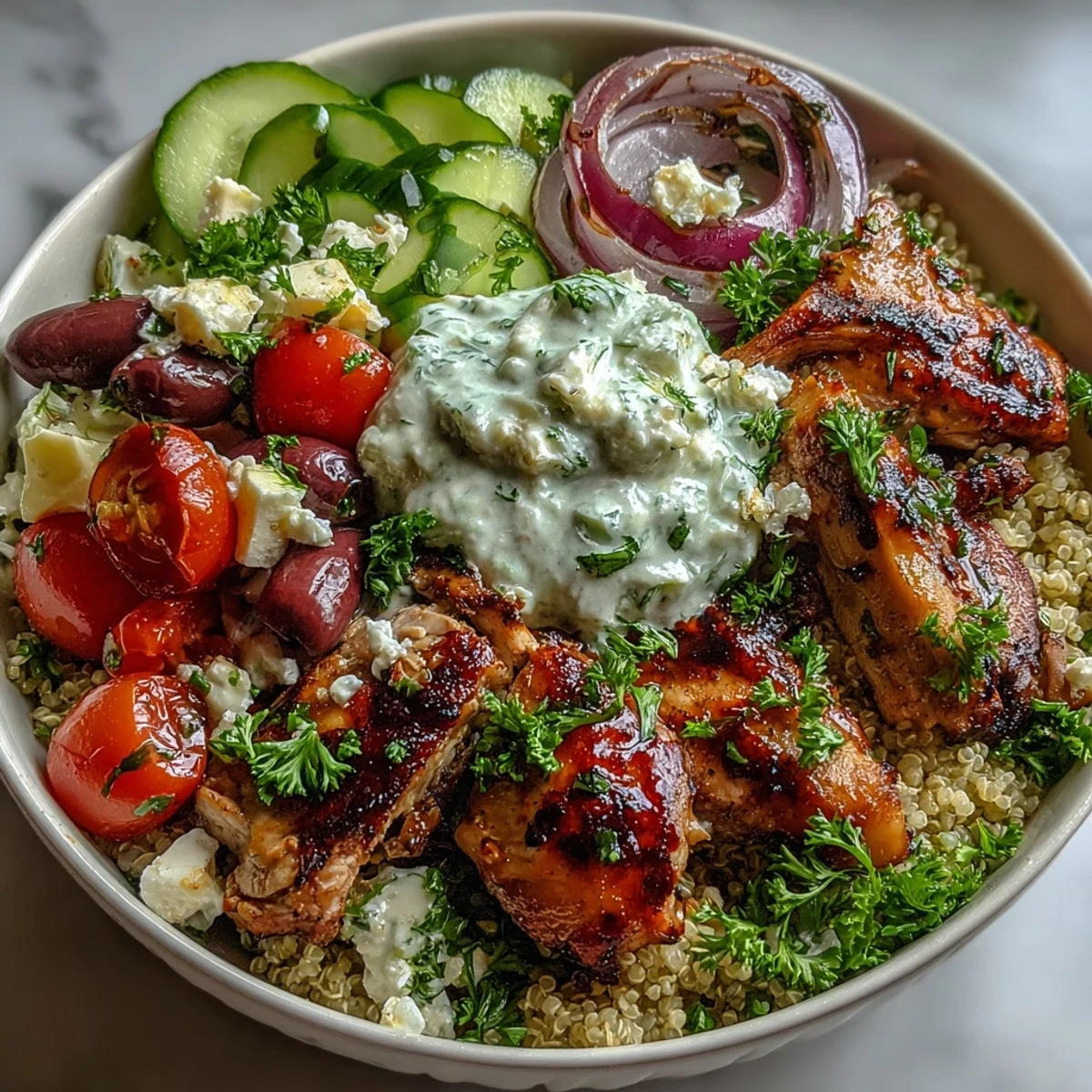 A vibrant Greek Chicken Power Bowl topped with Kalamata olives and fresh parsley, served as a wholesome high-protein meal.