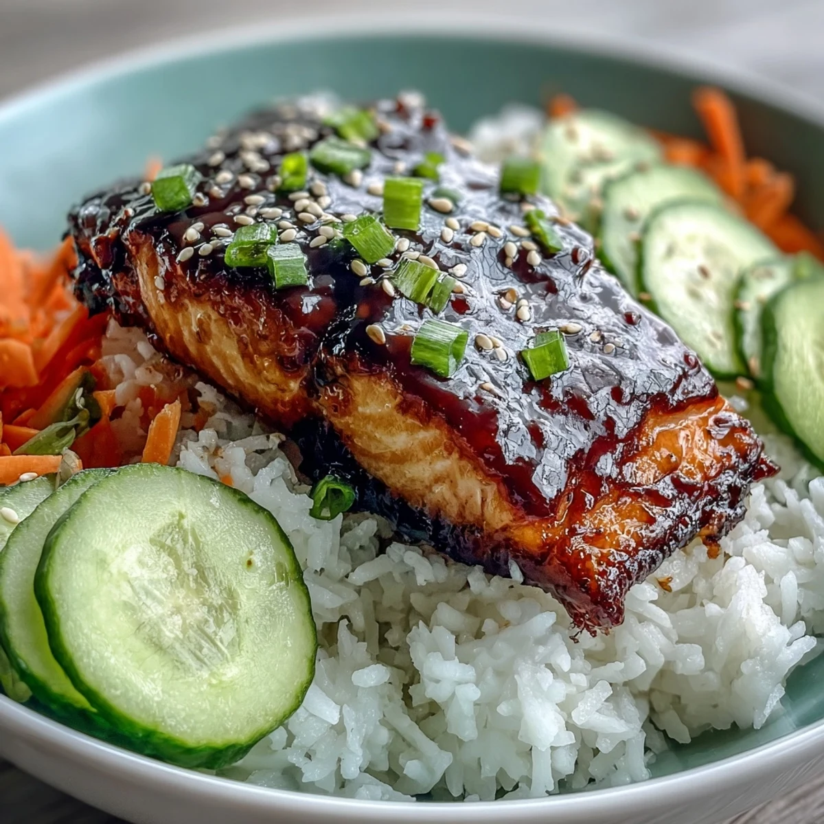 Asian-Inspired Salmon Bowl featuring juicy salmon on steamed rice with edamame, carrots, and bell peppers, drizzled with soy-ginger glaze.
