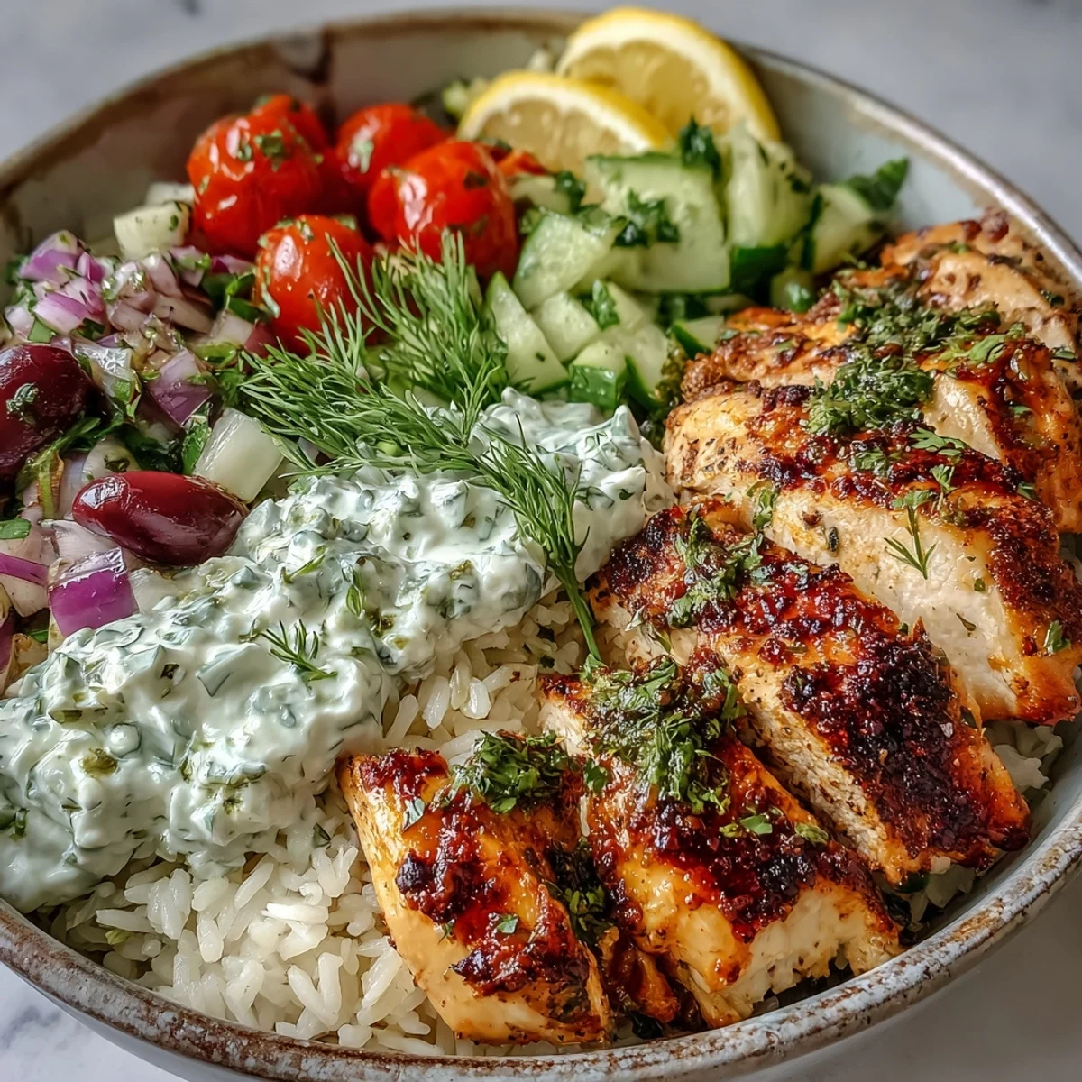 Juicy Greek-seasoned chicken thighs nestled in fluffy oregano rice, topped with briny olives, crisp veggies, and cool tzatziki in a hearty meal bowl.