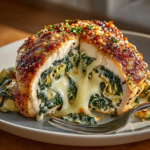 Creamy Cheesy Spinach & Artichoke Stuffed Chicken: golden baked chicken breasts, ready for dinner.