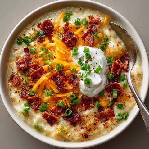 Creamy Loaded Baked Potato Soup with crispy bacon and chives, ready to serve.