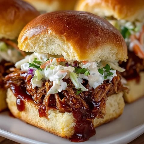 BBQ Pulled Pork Sliders topped with creamy coleslaw, ready for a summer cookout bite.