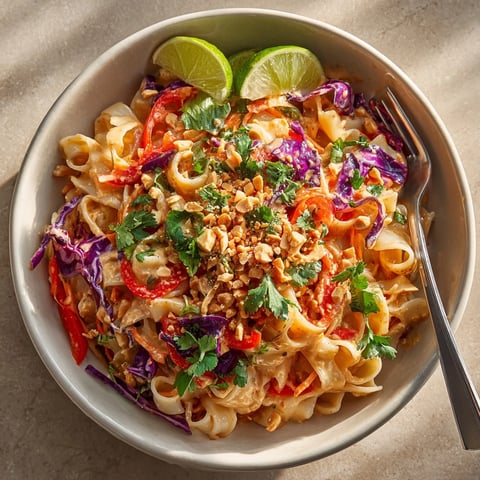 Vibrant Thai Peanut Noodle Salad with crunchy peanuts and fresh cilantro, ready to serve.