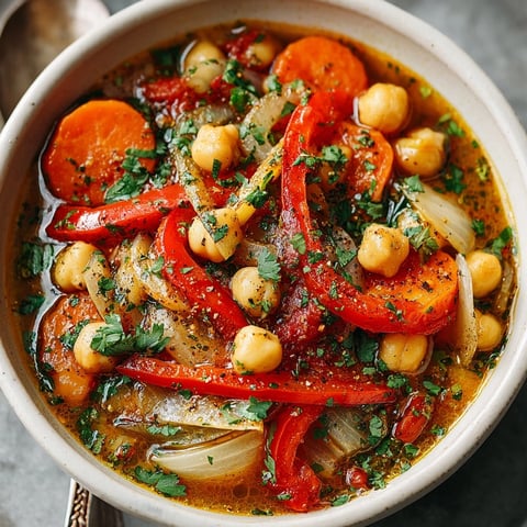 Fragrant Moroccan Chickpea Stew simmers; visualize warm spices and golden broth ready to serve.