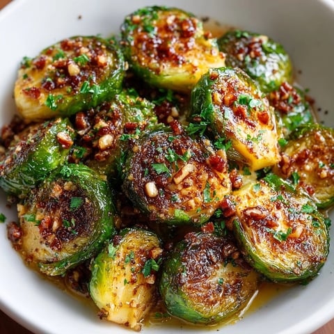 Golden brown Maple Dijon Roasted Brussels Sprouts glistening, ready for serving as a flavorful side.