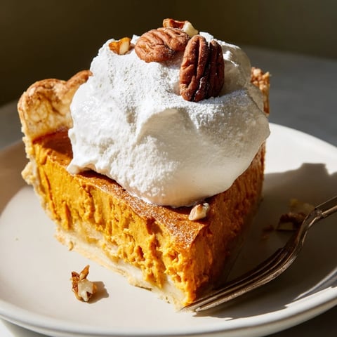 Creamy Thanksgiving Sweet Potato Miso Pie topped with whipped cream and pecans.  