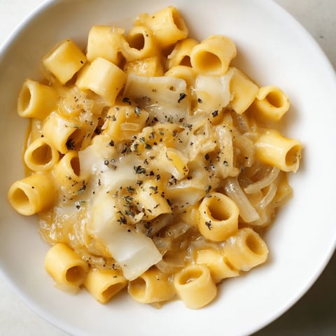 Steaming bowl of creamy French onion ditalini, rich with caramelized onions and melted Gruyère, ready to savor.