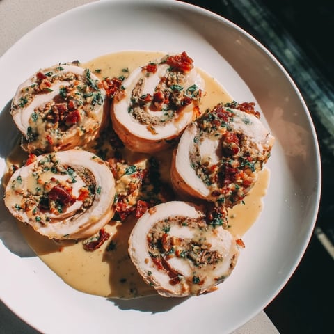 Golden-baked Marry Me Chicken and Stuffing Roulades, a creamy creation with sun-dried tomatoes and savory stuffing.