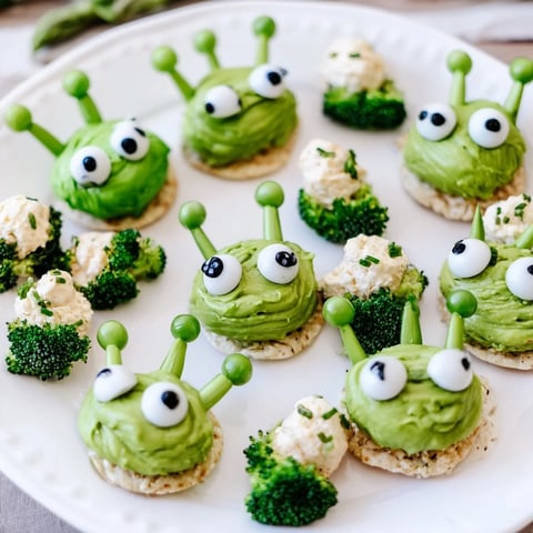 A platter of Attaque dExtraterrestres Snacks Verts, featuring alien faces made with fresh green veggies.