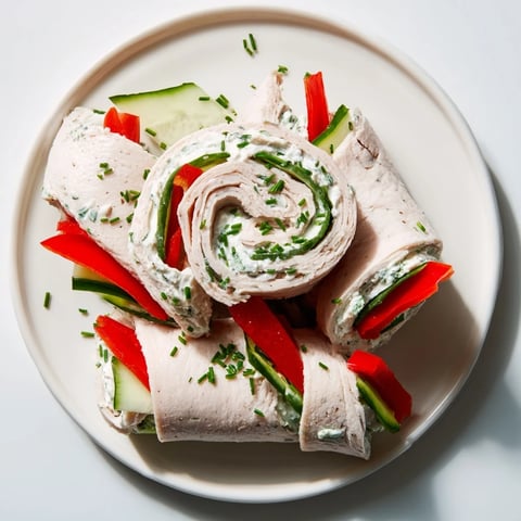 Stacked turkey roll-ups with a creamy filling and fresh veggie sticks, ready to serve.