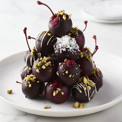 A delectable pyramid of rich chocolate-covered cherry dessert bites, ready to enjoy.