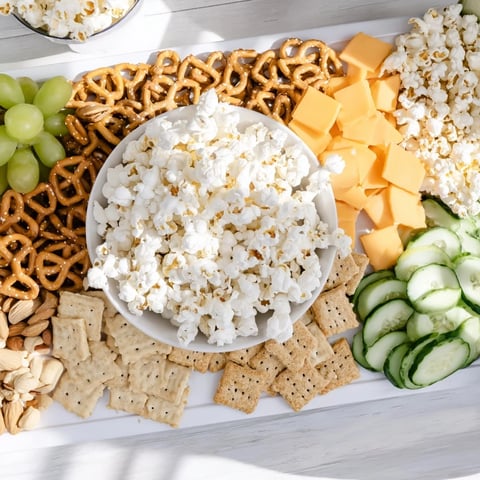 A colorful Movie Night Munchie Board featuring popcorn, cheeses, and pretzels, ready to share.