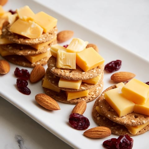 Work From Home Desk Treat: Golden cheddar and Swiss cheese cubes elegantly stacked on whole-wheat crackers.