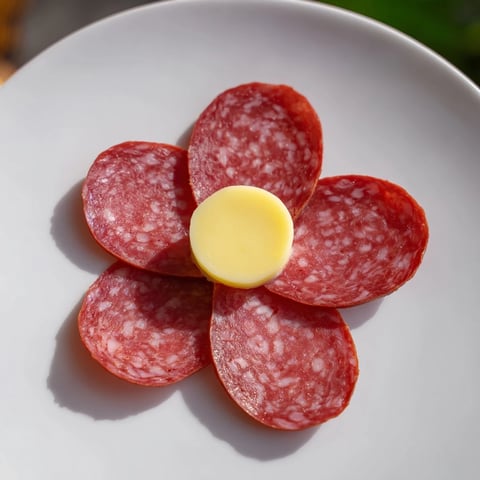Beautiful salami petals form a stunning Tudor Rose appetizer, crowned with yellow cheese.