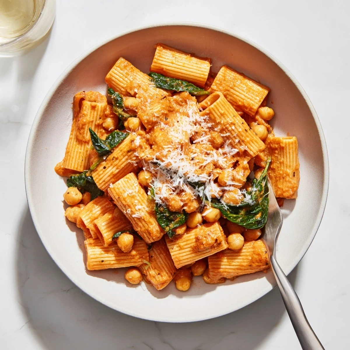 Creamy Tuscan Chickpea Pasta features golden chickpeas and wilted spinach in a rich, garlicky tomato sauce, served over al dente pasta in a rustic bowl.  