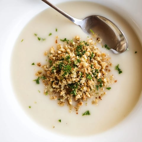 Creamy roasted celeriac soup served in a rustic bowl, topped with crunchy toasted hazelnut crumble and fresh parsley.  