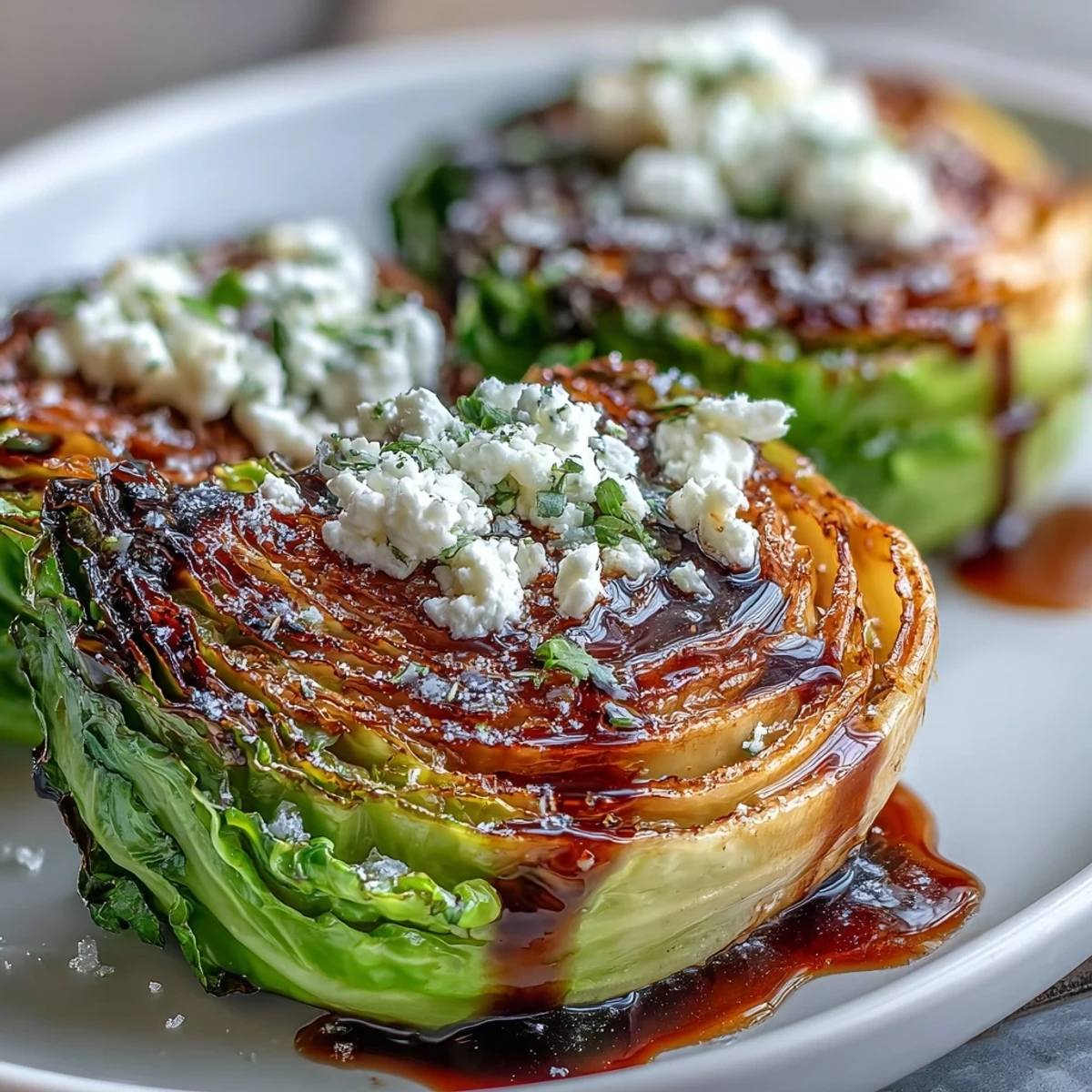 Golden-brown Crispy Cabbage Steaks With Feta and Balsamic served warm on a rustic plate.