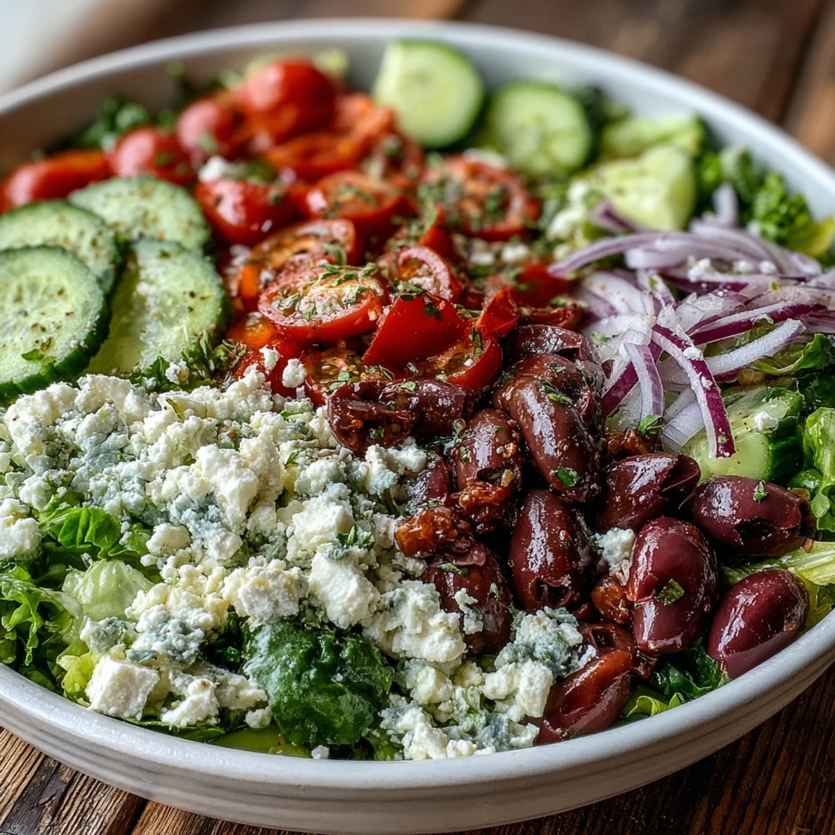 Freshly tossed Greek Salad Bowl with crisp romaine, juicy tomatoes, and creamy feta cheese topped with briny Kalamata olives.